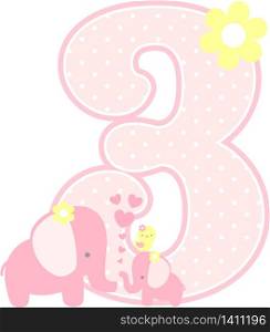 number 3 with cute elephant and little baby elephant isolated on white. can be used for mother&rsquo;s day card, baby girl birth announcements, nursery decoration, party theme or birthday invitation