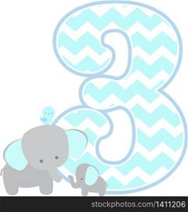 number 3 with cute elephant and little baby elephant isolated on white background. can be used for father&rsquo;s day card, baby boy birth announcements, nursery decoration, party theme or birthday invitation