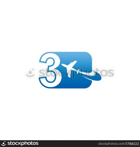 Number 3 with plane logo icon design vector illustration