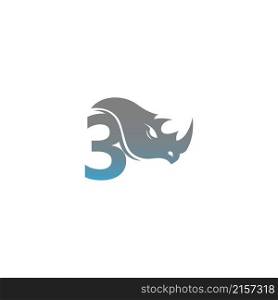 Number 3 with rhino head icon logo template vector