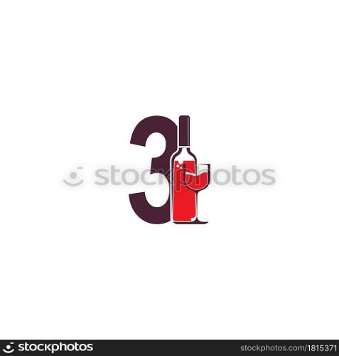 Number 3 with wine bottle icon logo vector template