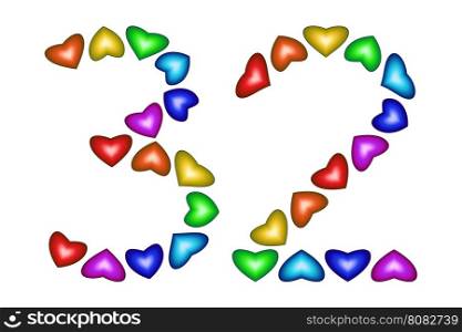 Number 32 of colorful hearts on white. Symbol for happy birthday, event, invitation, greeting card, award, ceremony. Holiday anniversary sign. Multicolored icon. Thirty two in rainbow colors. Vector