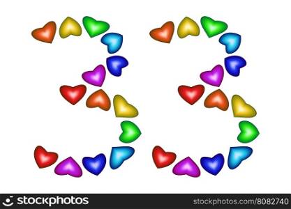 Number 33 of colorful hearts on white. Symbol for happy birthday, event, invitation, greeting card, award, ceremony. Holiday anniversary sign. Multicolored icon. Thirty three in rainbow colors. Vector