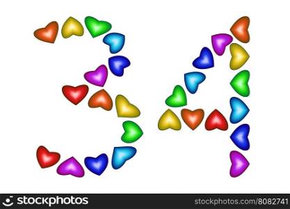 Number 34 of colorful hearts on white. Symbol for happy birthday, event, invitation, greeting card, award, ceremony. Holiday anniversary sign. Multicolored icon. Thirty four in rainbow colors. Vector