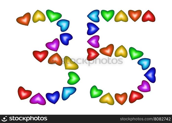 Number 35 of colorful hearts on white. Symbol for happy birthday, event, invitation, greeting card, award, ceremony. Holiday anniversary sign. Multicolored icon. Thirty five in rainbow colors. Vector