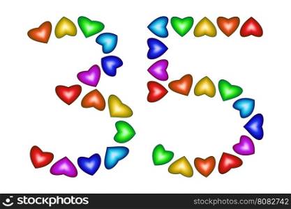 Number 35 of colorful hearts on white. Symbol for happy birthday, event, invitation, greeting card, award, ceremony. Holiday anniversary sign. Multicolored icon. Thirty five in rainbow colors. Vector