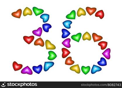 Number 36 of colorful hearts on white. Symbol for happy birthday, event, invitation, greeting card, award, ceremony. Holiday anniversary sign. Multicolored icon. Thirty six in rainbow colors. Vector