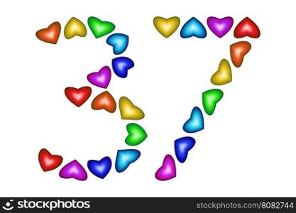Number 37 of colorful hearts on white. Symbol for happy birthday, event, invitation, greeting card, award, ceremony. Holiday anniversary sign. Multicolored icon. Thirty seven in rainbow colors. Vector