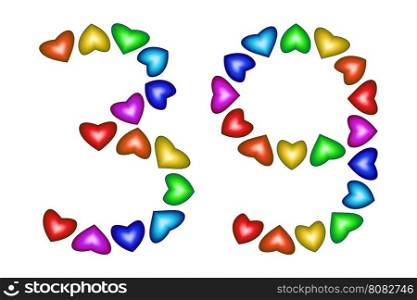 Number 39 of colorful hearts on white. Symbol for happy birthday, event, invitation, greeting card, award, ceremony. Holiday anniversary sign. Multicolored icon. Thirty nine in rainbow colors. Vector
