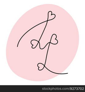 Number 4 handwritten in one continuous line with hearts against a background of trendy pink. Sticker. icon. Isolate. Design for lettering, inscription or banner, poster, brochures, greeting or cards