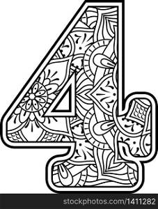 number 4 in black and white with doodle ornaments and design elements from mandala art style for coloring. Isolated on white background