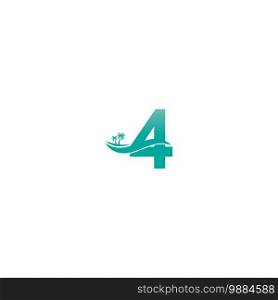 Number 4 logo  coconut tree and water wave icon design vector