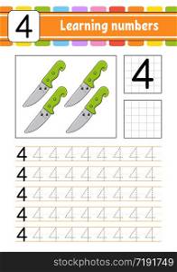 Number 4. Trace and write. Handwriting practice. Learning numbers for kids. Education developing worksheet. Activity page. Isolated vector illustration in cute cartoon style.