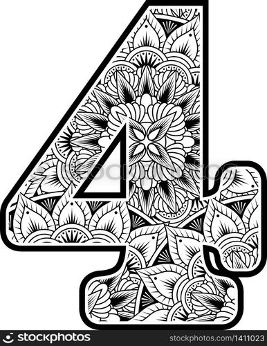 number 4 with abstract flowers ornaments in black and white. design inspired from mandala art style for coloring. Isolated on white background