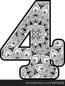 number 4 with abstract flowers ornaments in black and white. design inspired from mandala art style for coloring. Isolated on white background