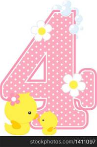 number 4 with bubbles and cute rubber duck isolated on white. can be used for baby girl birth announcements, nursery decoration, party theme or birthday invitation. Design for baby girl