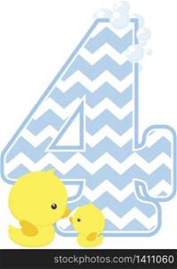 number 4 with bubbles and little baby rubber duck isolated on white background. can be used for baby boy birth announcements, nursery decoration, party theme or birthday invitation