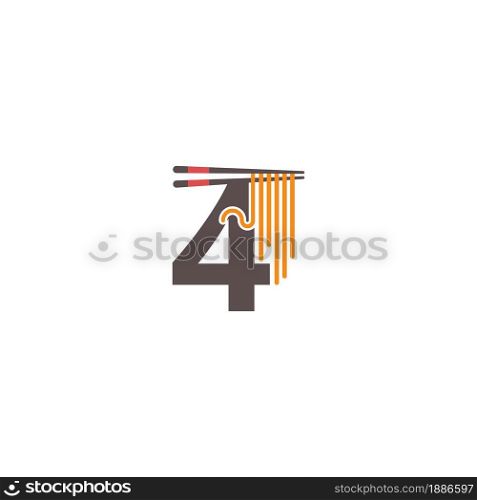Number 4 with chopsticks and noodle icon logo design template