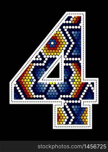 number 4 with colorful dots abstract design inspired in mexican huichol art style isolated on black background