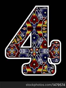 number 4 with colorful dots. Abstract design inspired in mexican huichol beaded art style. Isolated on black background