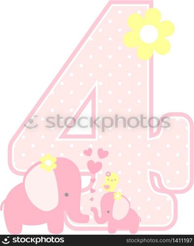 number 4 with cute elephant and little baby elephant isolated on white. can be used for mother&rsquo;s day card, baby girl birth announcements, nursery decoration, party theme or birthday invitation