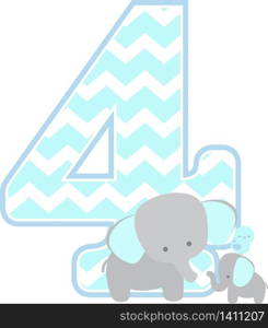 number 4 with cute elephant and little baby elephant isolated on white background. can be used for father&rsquo;s day card, baby boy birth announcements, nursery decoration, party theme or birthday invitation