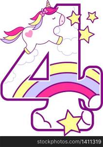 number 4 with cute unicorn and rainbow. can be used for baby birth announcements, nursery decoration, party theme or birthday invitation. Design for baby and children