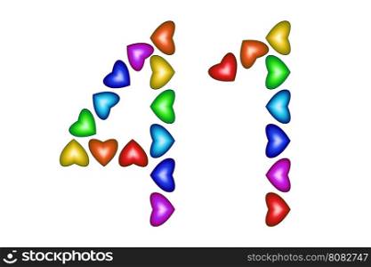 Number 41 of colorful hearts on white. Symbol for happy birthday, event, invitation, greeting card, award, ceremony. Holiday anniversary sign. Multicolored icon. Forty one in rainbow colors. Vector