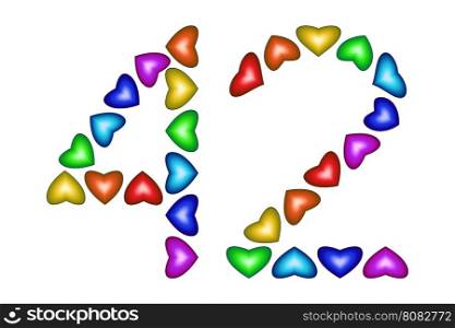 Number 42 of colorful hearts on white. Symbol for happy birthday, event, invitation, greeting card, award, ceremony. Holiday anniversary sign. Multicolored icon. Forty two in rainbow colors. Vector