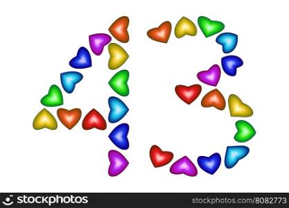 Number 43 of colorful hearts on white. Symbol for happy birthday, event, invitation, greeting card, award, ceremony. Holiday anniversary sign. Multicolored icon. Forty three in rainbow colors. Vector