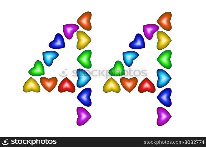 Number 44 of colorful hearts on white. Symbol for happy birthday, event, invitation, greeting card, award, ceremony. Holiday anniversary sign. Multicolored icon. Forty four in rainbow colors. Vector