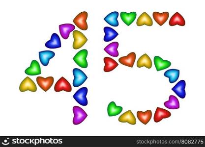 Number 45 of colorful hearts on white. Symbol for happy birthday, event, invitation, greeting card, award, ceremony. Holiday anniversary sign. Multicolored icon. Forty five in rainbow colors. Vector