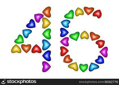 Number 46 of colorful hearts on white. Symbol for happy birthday, event, invitation, greeting card, award, ceremony. Holiday anniversary sign. Multicolored icon. Forty six in rainbow colors. Vector
