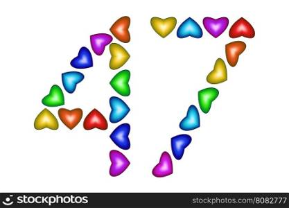 Number 47 of colorful hearts on white. Symbol for happy birthday, event, invitation, greeting card, award, ceremony. Holiday anniversary sign. Multicolored icon. Forty seven in rainbow colors. Vector