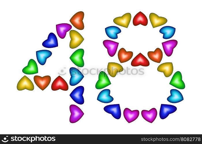 Number 48 of colorful hearts on white. Symbol for happy birthday, event, invitation, greeting card, award, ceremony. Holiday anniversary sign. Multicolored icon. Forty eight in rainbow colors. Vector