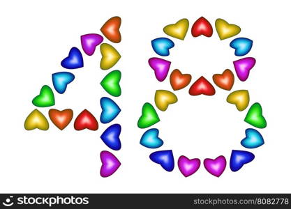 Number 48 of colorful hearts on white. Symbol for happy birthday, event, invitation, greeting card, award, ceremony. Holiday anniversary sign. Multicolored icon. Forty eight in rainbow colors. Vector