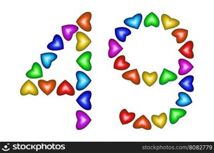 Number 49 of colorful hearts on white. Symbol for happy birthday, event, invitation, greeting card, award, ceremony. Holiday anniversary sign. Multicolored icon. Forty nine in rainbow colors. Vector