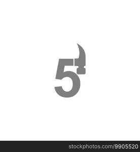 Number 5 and hammer combination icon logo design vector