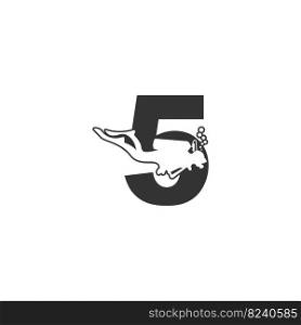 Number 5 and someone scuba, diving icon illustration template