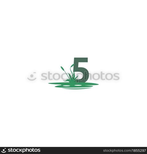 Number 5 behind puddles and grass template illustration