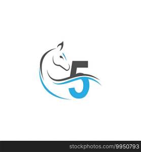 Number 5 icon logo with horse illustration design vector