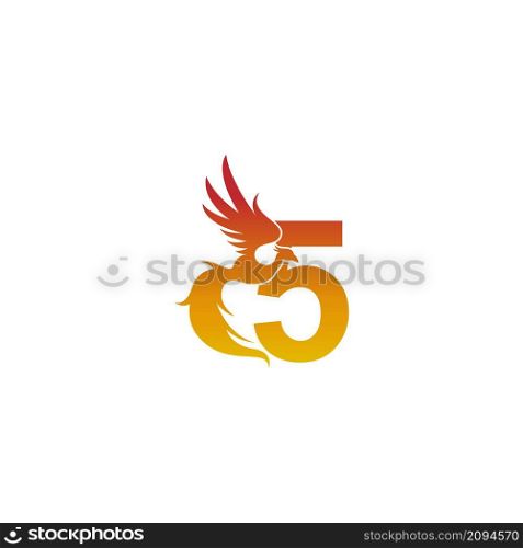 Number 5 icon with phoenix logo design template illustration
