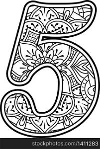 number 5 in black and white with doodle ornaments and design elements from mandala art style for coloring. Isolated on white background