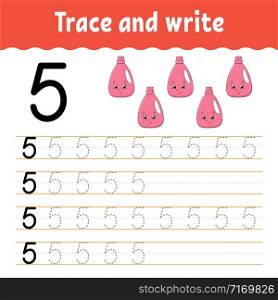 Number 5. Trace and write. Handwriting practice. Learning numbers for kids. Education developing worksheet. Color activity page. Isolated vector illustration in cute cartoon style.
