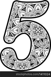 number 5 with abstract flowers ornaments in black and white. design inspired from mandala art style for coloring. Isolated on white background