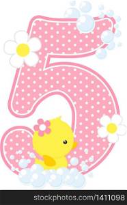 number 5 with bubbles and cute rubber duck isolated on white. can be used for baby girl birth announcements, nursery decoration, party theme or birthday invitation. Design for baby girl