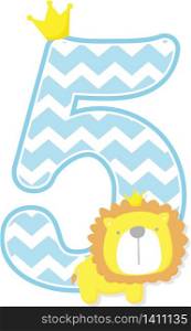number 5 with chevron pattern. cute little lion king isolated on white background. can be used for father&rsquo;s day card, baby boy birth announcements, nursery decoration, party theme or birthday invitation