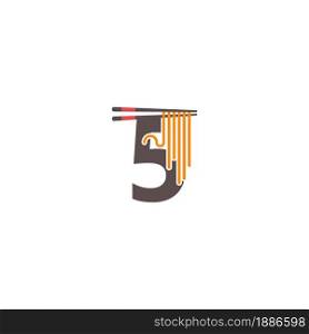 Number 5 with chopsticks and noodle icon logo design template
