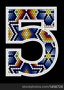 number 5 with colorful dots abstract design inspired in mexican huichol art style isolated on black background