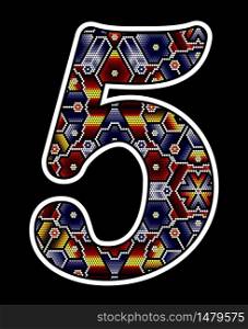 number 5 with colorful dots. Abstract design inspired in mexican huichol beaded art style. Isolated on black background
